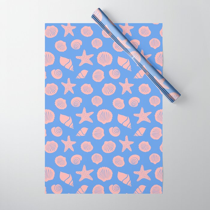 Retro Coastal Shells on Blue Wrapping Paper Gallery Image 1