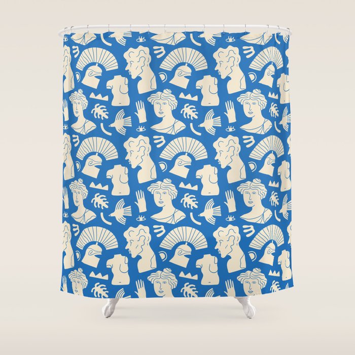 Ancient blue greek statue doodle pattern Shower Curtain Gallery Image 1