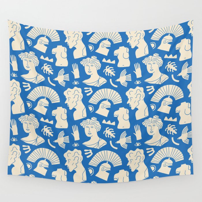 Ancient blue greek statue doodle pattern Wall Tapestry Gallery Image 4