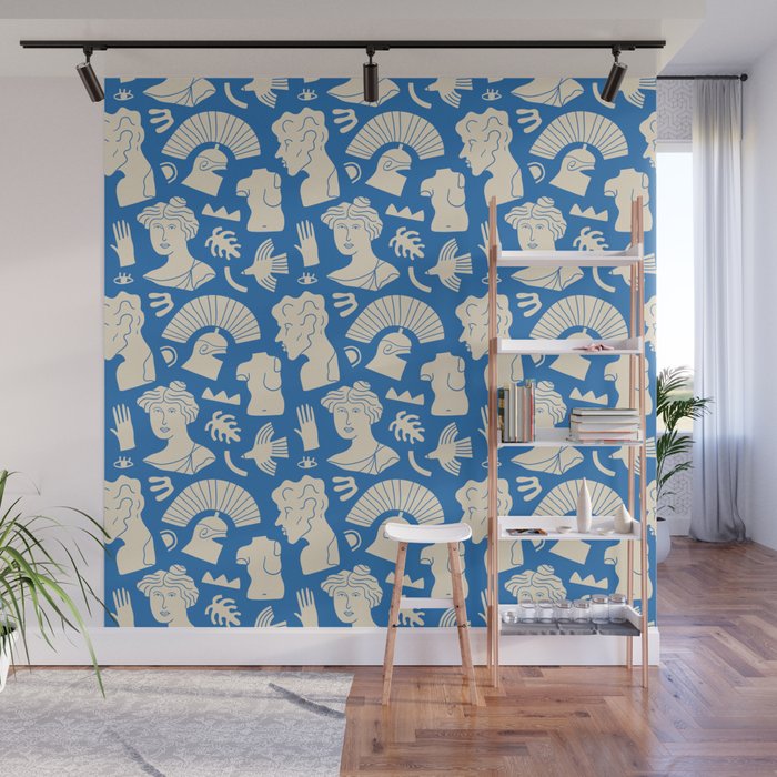 Ancient blue greek statue doodle pattern Wall Mural Gallery Image 1