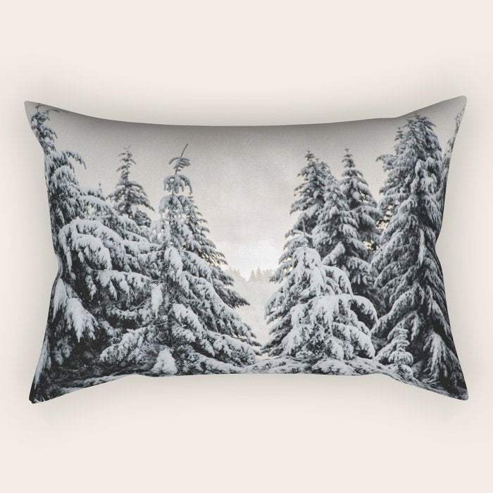 Winter Woods II - Snow Capped Forest Adventure Nature Photography Rectangular Pillow Gallery Image 1