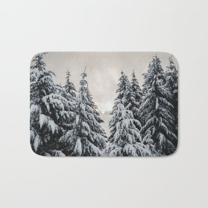 Winter Woods II - Snow Capped Forest Adventure Nature Photography Bath Mat Gallery Image 1
