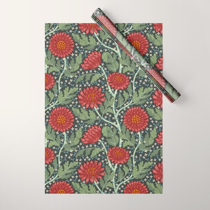 Arts and crafts red chrysanthemum pattern Wrapping Paper Gallery Image 1