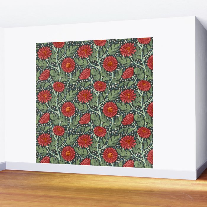 Arts and crafts red chrysanthemum pattern Wall Mural Gallery Image 2