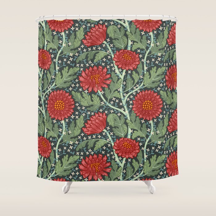 Arts and crafts red chrysanthemum pattern Shower Curtain Gallery Image 1