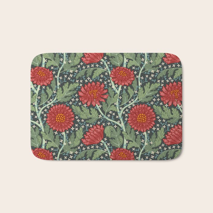 Arts and crafts red chrysanthemum pattern Bath Mat Gallery Image 1
