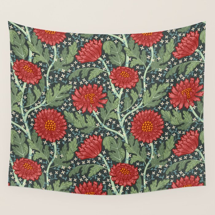 Arts and crafts red chrysanthemum pattern Wall Tapestry Gallery Image 4
