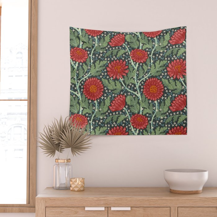 Arts and crafts red chrysanthemum pattern Wall Tapestry Gallery Image 2