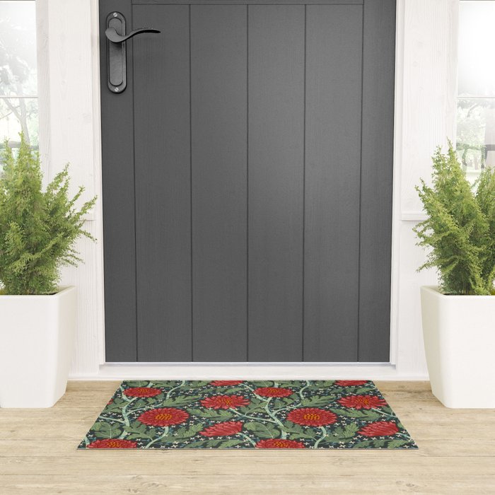 Arts and crafts red chrysanthemum pattern Welcome Mat Gallery Image 3