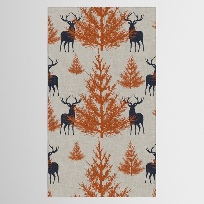 Christmas Trees and Deer, Faux Linen, Pattern, Beige, Terracotta and Blue Tablecloth Gallery Image 2