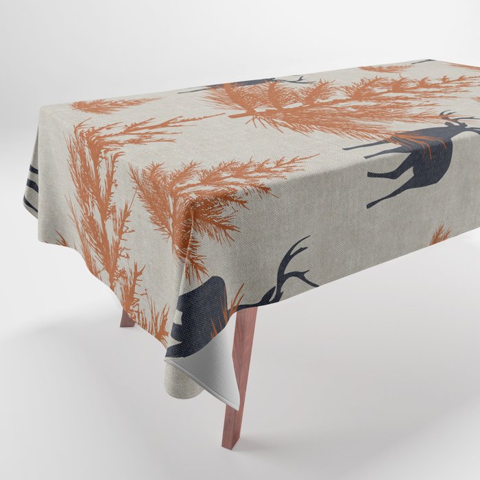 Christmas Trees and Deer, Faux Linen, Pattern, Beige, Terracotta and Blue Tablecloth Gallery Image 1