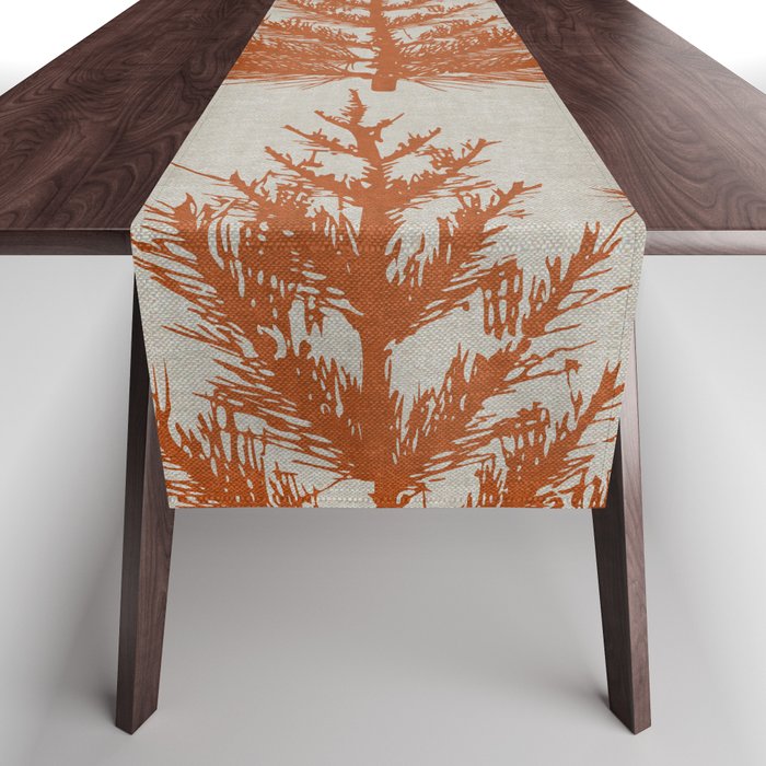 Christmas Trees and Deer, Faux Linen, Pattern, Beige, Terracotta and Blue Table Runner Gallery Image 1