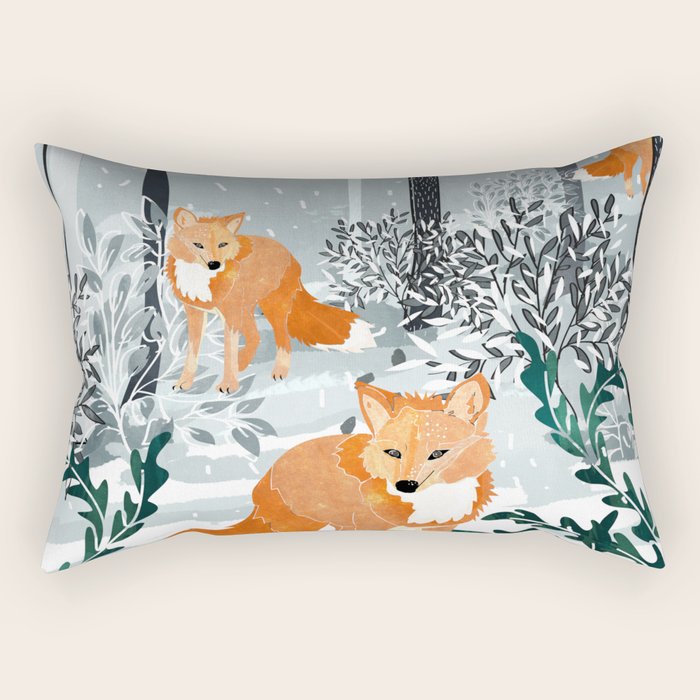 Fox Snow Walk, Animals Wildlife Winter, New Years Christmas Forest Wildlife Painting Rectangular Pillow Gallery Image 2