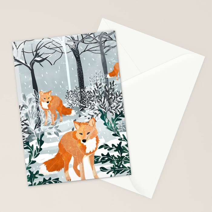 Fox Snow Walk, Animals Wildlife Winter, New Years Christmas Forest Wildlife Painting Stationery Card Gallery Image 2