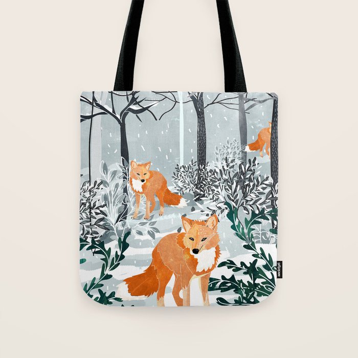 Fox Snow Walk, Animals Wildlife Winter, New Years Christmas Forest Wildlife Painting Tote Bag Gallery Image 1