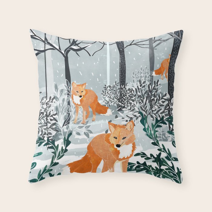 Fox Snow Walk, Animals Wildlife Winter, New Years Christmas Forest Wildlife Painting Throw Pillow Gallery Image 6