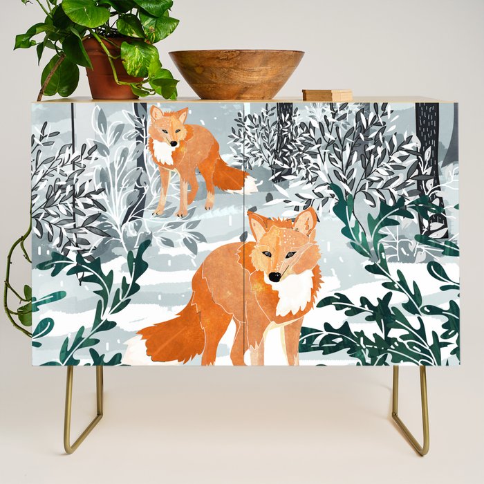 Fox Snow Walk, Animals Wildlife Winter, New Years Christmas Forest Wildlife Painting Credenza Gallery Image 1
