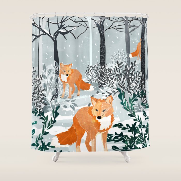 Fox Snow Walk, Animals Wildlife Winter, New Years Christmas Forest Wildlife Painting Shower Curtain Gallery Image 1