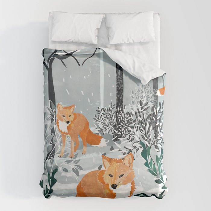 Fox Snow Walk, Animals Wildlife Winter, New Years Christmas Forest Wildlife Painting Duvet Cover Gallery Image 6