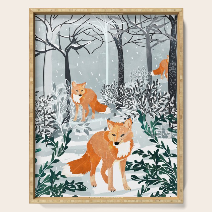 Fox Snow Walk, Animals Wildlife Winter, New Years Christmas Forest Wildlife Painting Serving Tray Gallery Image 1