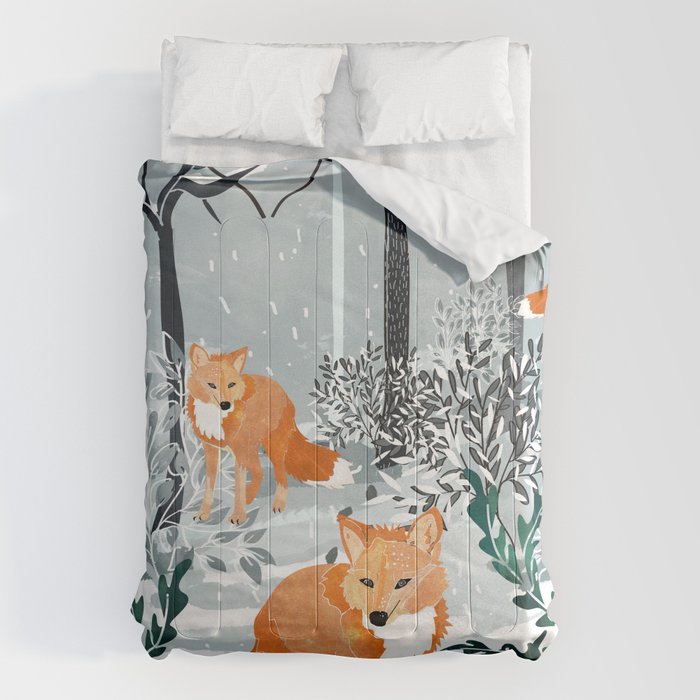 Fox Snow Walk, Animals Wildlife Winter, New Years Christmas Forest Wildlife Painting Comforter Gallery Image 1