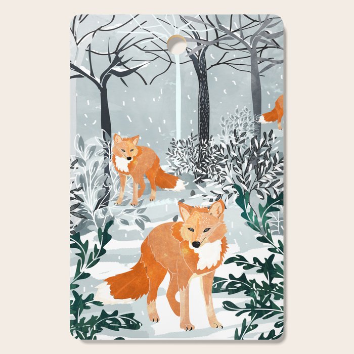 Fox Snow Walk, Animals Wildlife Winter, New Years Christmas Forest Wildlife Painting Cutting Board Gallery Image 1
