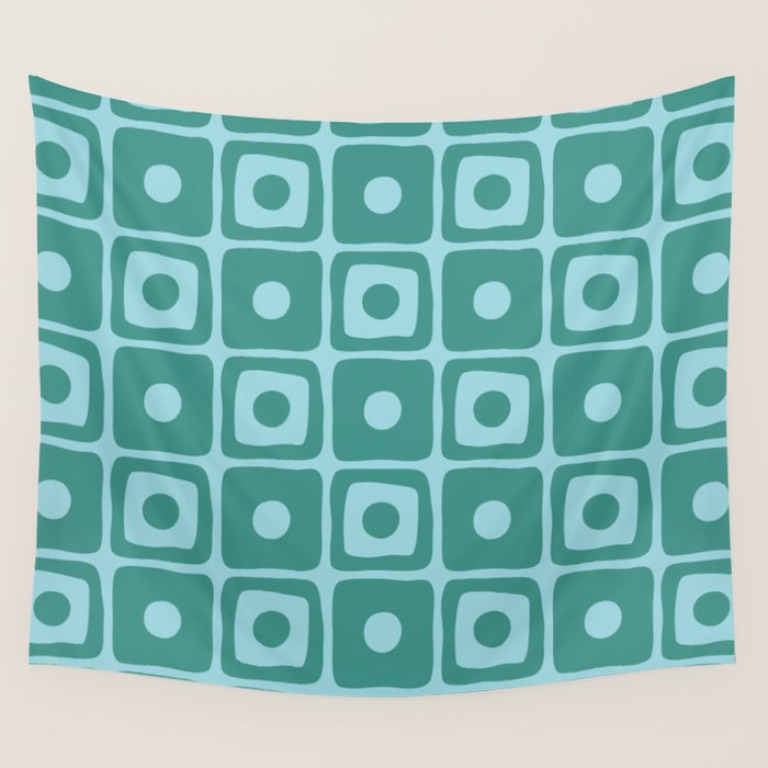 Mid Century Modern Square Dot Pattern 871 Teal and Blue Wall Tapestry Gallery Image 1