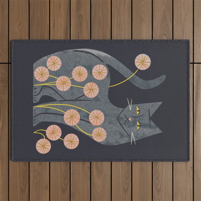 Gray Cat And Flowers Outdoor Rug Gallery Image 1