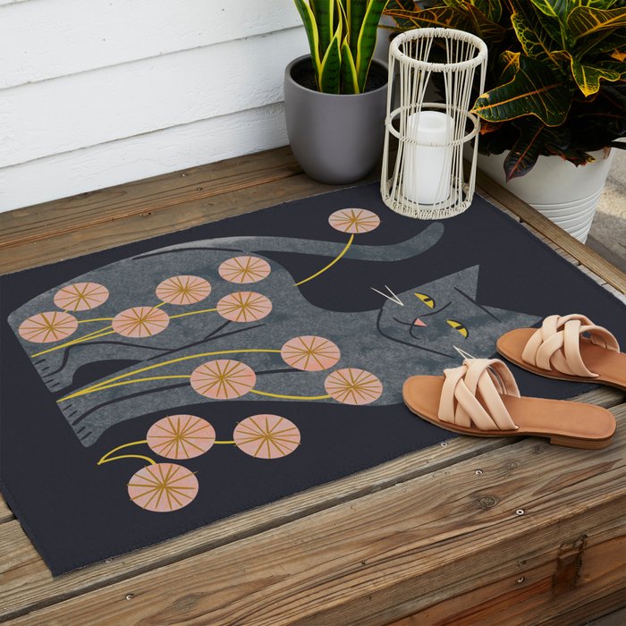 Gray Cat And Flowers Outdoor Rug Gallery Image 2