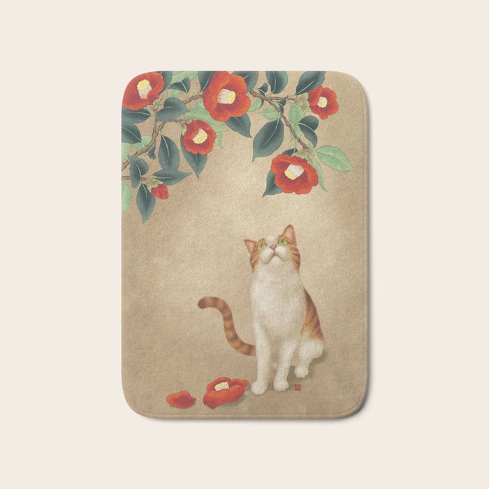 Cat and camellia flowers T1 Bath Mat Gallery Image 1
