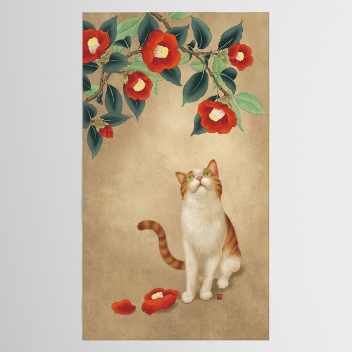 Cat and camellia flowers T1 Tablecloth Gallery Image 2