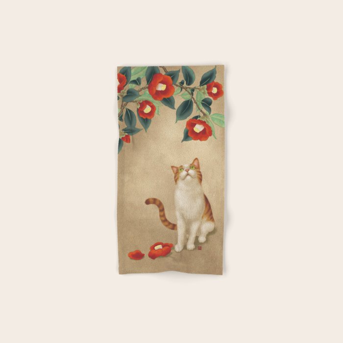Cat and camellia flowers T1 Bath Towel Gallery Image 1