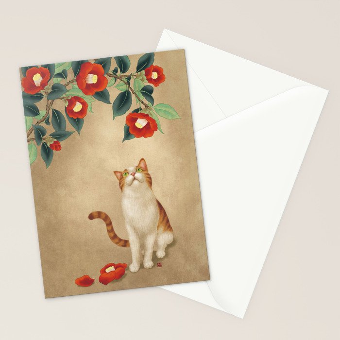 Cat and camellia flowers T1 Stationery Card Gallery Image 2