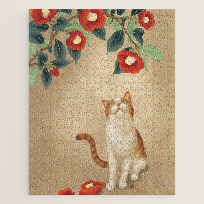 Cat and camellia flowers T1 Jigsaw Puzzle Gallery Image 1