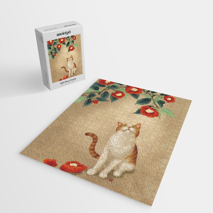 Cat and camellia flowers T1 Jigsaw Puzzle Gallery Image 2