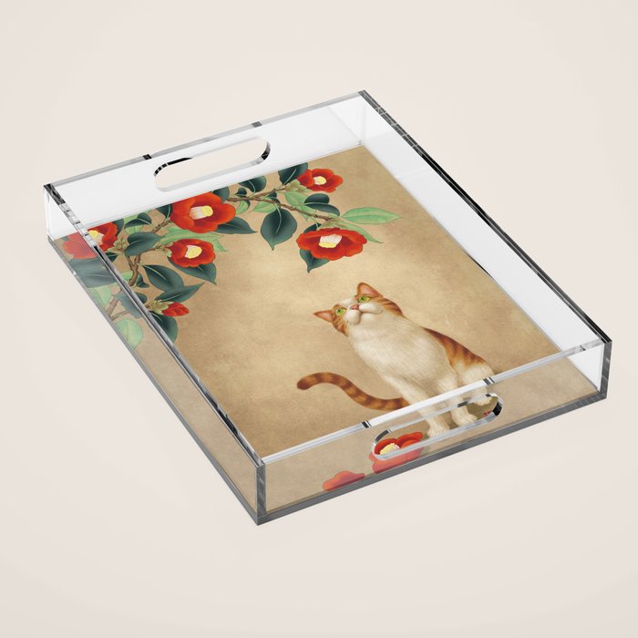 Cat and camellia flowers T1 Acrylic Tray Gallery Image 1