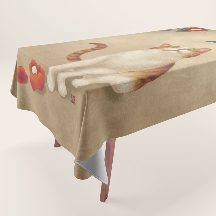 Cat and camellia flowers T1 Tablecloth Gallery Image 1