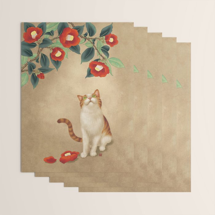 Cat and camellia flowers T1 Wrapping Paper Gallery Image 3
