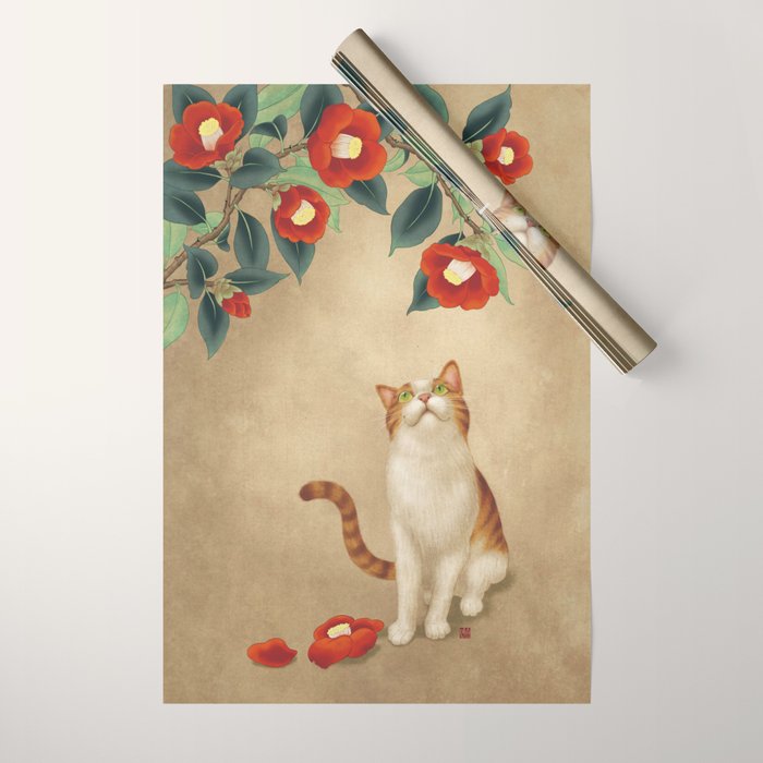 Cat and camellia flowers T1 Wrapping Paper Gallery Image 1