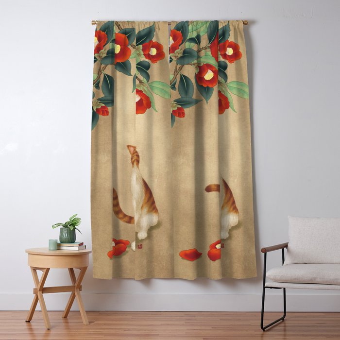 Cat and camellia flowers T1 Window Curtain Gallery Image 1