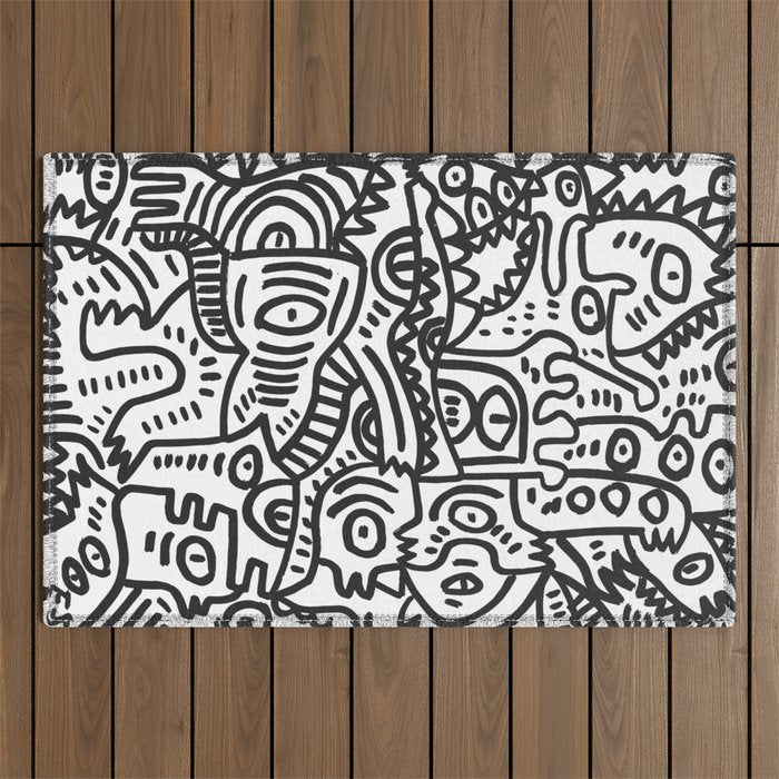 Black and White Street Art Graffiti King's Party Outdoor Rug Gallery Image 1