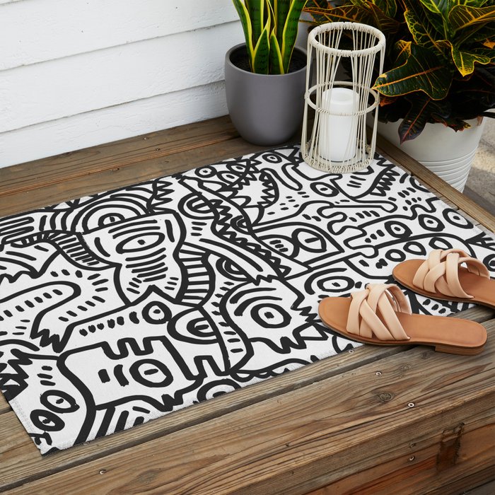 Black and White Street Art Graffiti King's Party Outdoor Rug Gallery Image 2