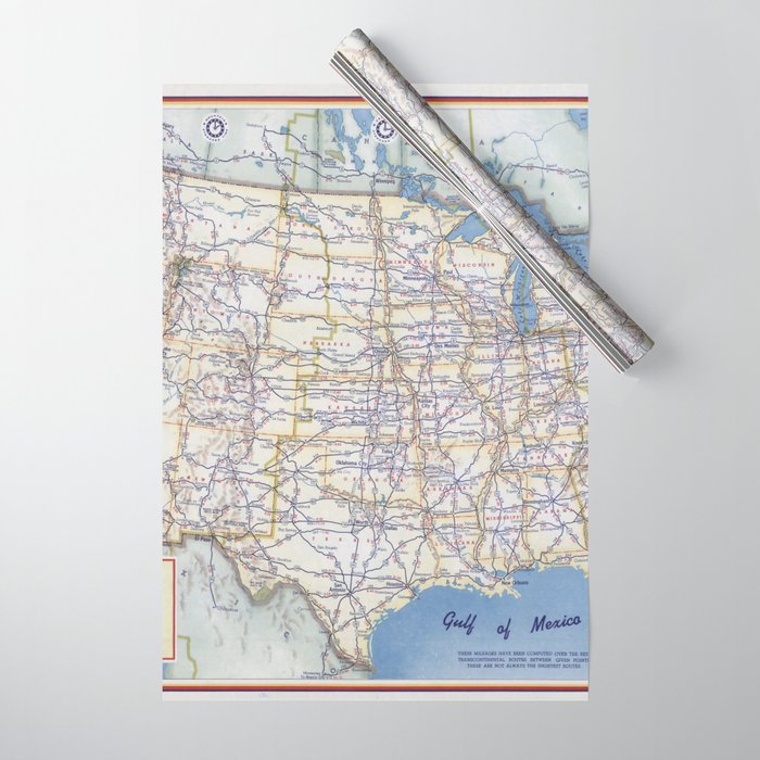 Flat road map of the united states of america 1951 Wrapping Paper Gallery Image 1