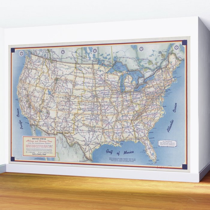 Flat road map of the united states of america 1951 Wall Mural Gallery Image 2