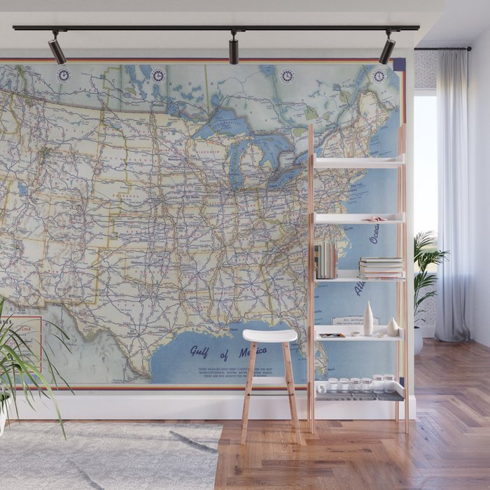 Flat road map of the united states of america 1951 Wall Mural Gallery Image 1