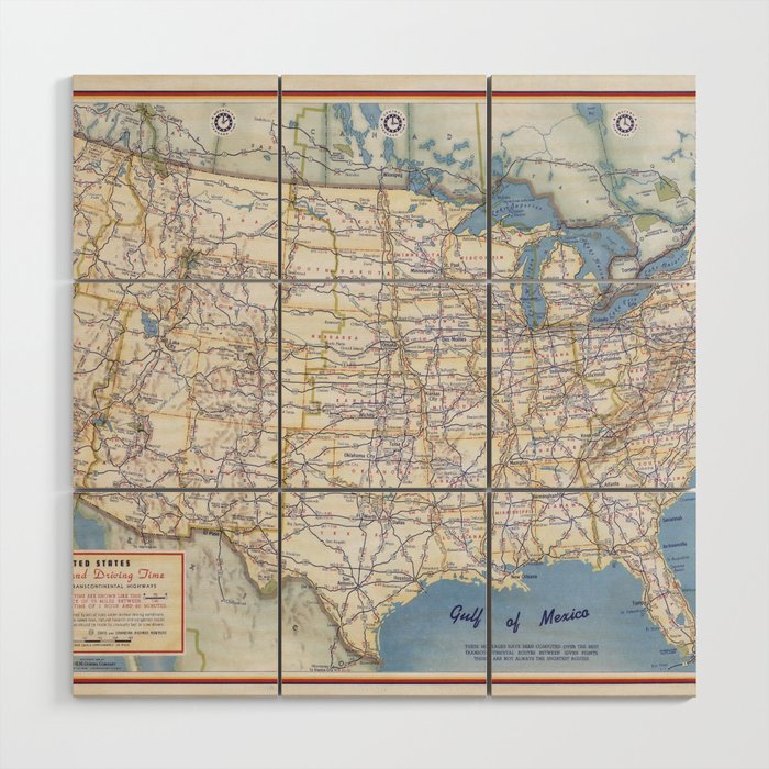 Flat road map of the united states of america 1951 Wood Wall Art Gallery Image 1