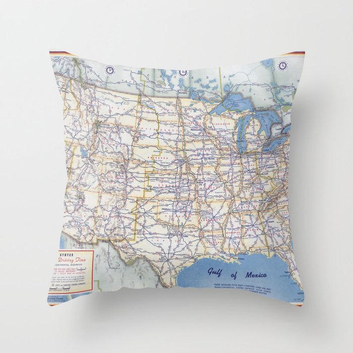 Flat road map of the united states of america 1951 Throw Pillow Gallery Image 6