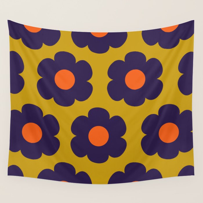 Tivoli Flowers Retro Floral Pattern Avocado Lime Blue Orange Wall Tapestry Gallery Image 1