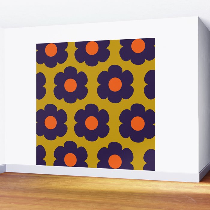 Tivoli Flowers Retro Floral Pattern Avocado Lime Blue Orange Wall Mural Gallery Image 2