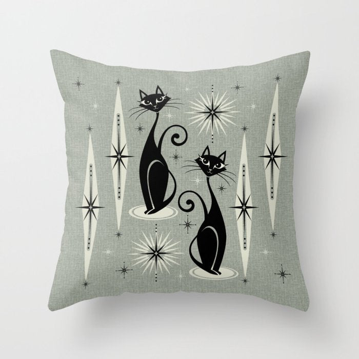 Mid Century Meow Retro Atomic Cats - Gray Throw Pillow